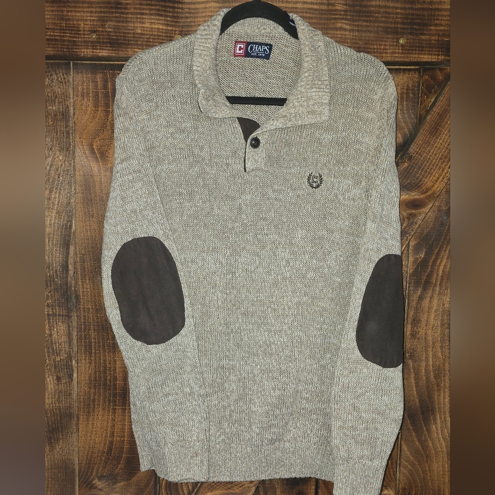 CHAPS Ralph Lauren Men’s Cotton Knit Sweater Suede Elbow Patches M